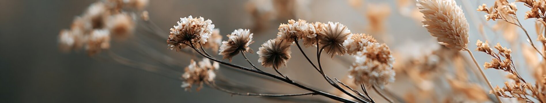 Panoramic close up of dried wildflower seed heads and stems with warm neutral autumn background