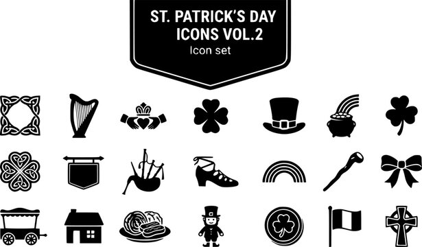 St. Patrick's Day Silhouette Icon Set Vol 2 with Celtic Knot Frame, Irish Harp, Claddagh Symbol and Leprechaun Hat, 20 Icons for Irish Heritage and Hospitality Brands, Flat Vector