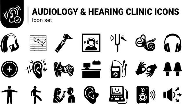 Audiology and Hearing Clinic Silhouette Icon Set with Hearing Aid, Audiogram Chart, Otoscope and Sound Booth Testing, 20 Icons for Hearing Clinics and Hearing-Aid Brands, Flat Vector