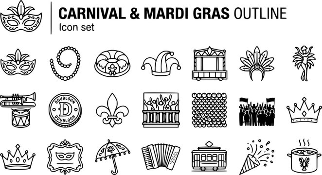 Carnival and Mardi Gras Outline Icon Set with Mardi Gras Mask, King Cake, Feather Headdress and Doubloon Coin, 20 Icons Editable Strokes