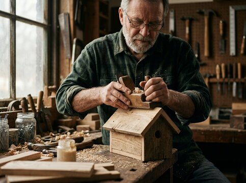 Skilled Carpenter Crafts Wooden Birdhouse in Workshop.