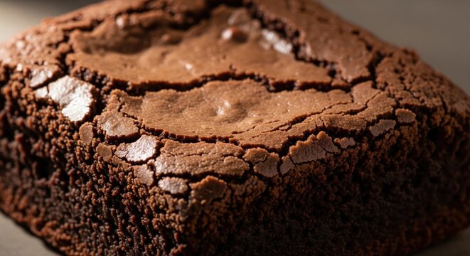 Fresh homemade dark chocolate brownie square with a crispy cracked top