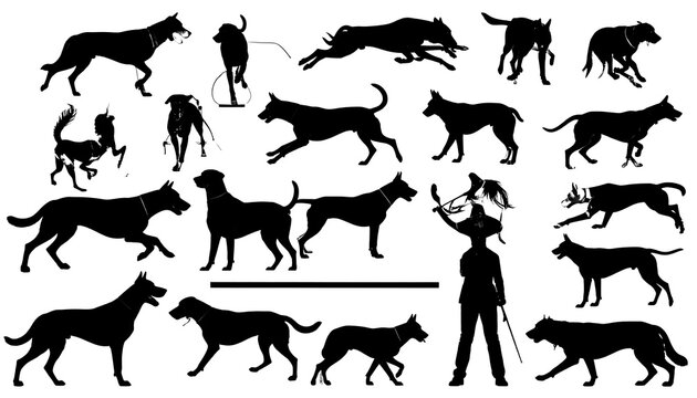 A black silhouette illustration of a woman with a dog on a leash surrounded by multiple dog silhouettes