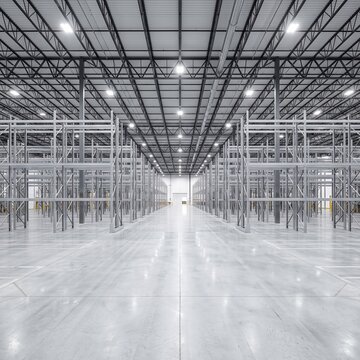 Vast Empty Industrial Warehouse Interior with Racking Systems and Overhead Lighting.