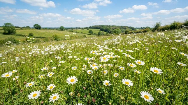 Vast Field of White Daisies Under a Blue Sky with Fluffy Clouds.
