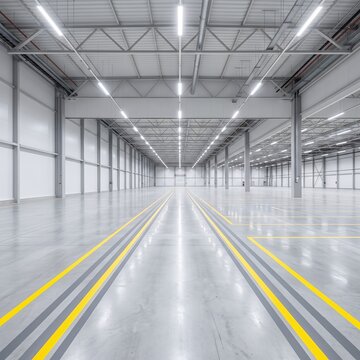 Vast empty industrial warehouse interior with bright overhead lighting and yellow floor markings.