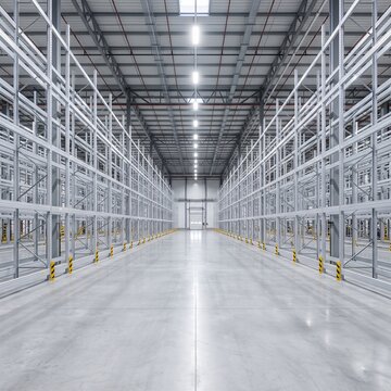 Vast empty industrial warehouse interior with tall metal shelving racks and bright overhead lighting.