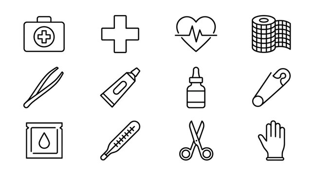 Modern Minimalist Line Icons Set Featuring Medical and First Aid Essentials in Black and White with high quality professional line art symbols for modern creative design and digital branding projects