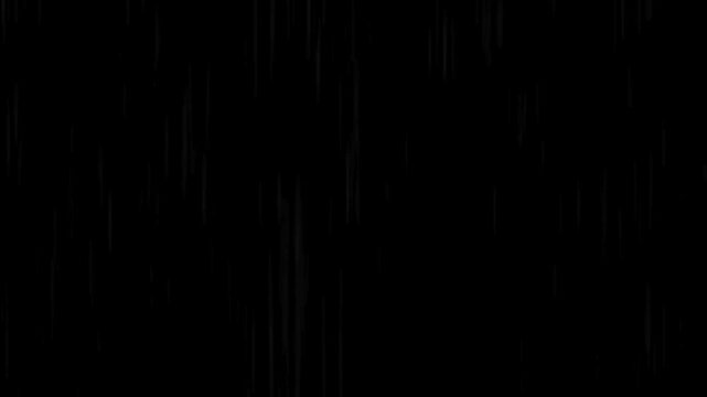 Raindrops falling vertically against a dark background creating a moody atmosphere for video overlays and visual effects