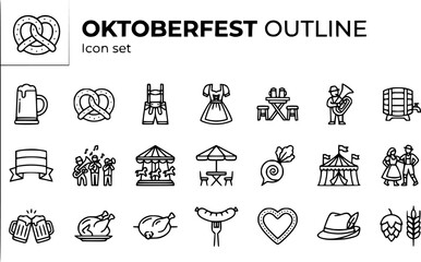 Fototapeta premium Oktoberfest and German Beer Culture Outline Icon Set with Beer Stein, Pretzel, Lederhosen and Beer Garden Table, 20 Icons Editable Strokes