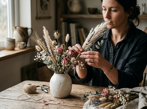 Woman arranging dried flowers in a vase on a rustic wooden table.