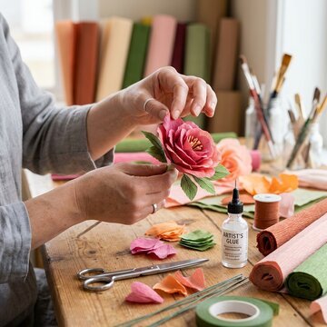 Woman crafting a beautiful paper flower with colorful supplies on a wooden table.