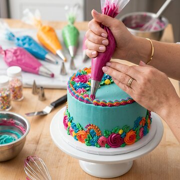 Woman decorating a colorful cake with frosting using a piping bag and various tips.