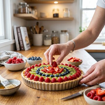 Woman decorating a fresh fruit tart with berries and kiwi in a bright kitchen.