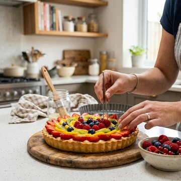 Woman Decorating Fruit Tart in Kitchen.