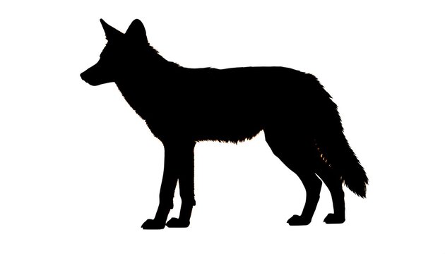 A black silhouette of a canine with pointed ears and bushy tail
