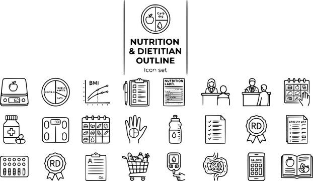 Nutrition and Dietitian Consultation Outline Icon Set with Food Scale, Macro Plate Diagram, Meal Plan Calendar and Body Composition Scanner, 20 Icons Editable Strokes