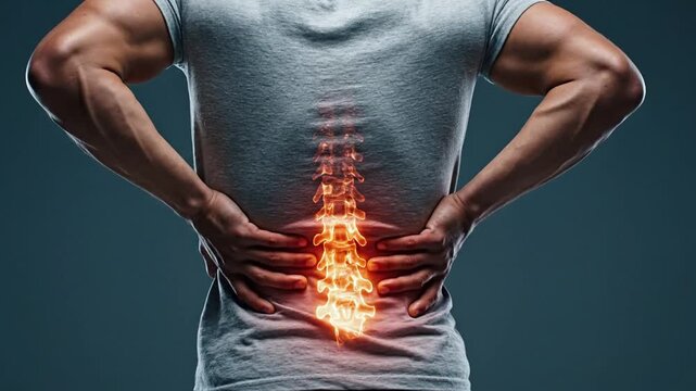 Medical animation of lower back pain with highlighted lumbar spine, illustrating spinal inflammation, injury, and orthopedic healthcare for diagnosis, treatment, and rehabilitation.