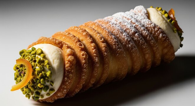 Fresh Italian cannolo filled with ricotta cream and pistachio topping