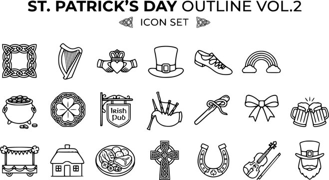 St. Patrick's Day Outline Icon Set Vol 2 with Celtic Knot Frame, Irish Harp, Claddagh Symbol and Leprechaun Hat, 20 Icons Editable Strokes
