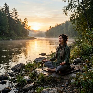 Woman meditating by a tranquil river at sunrise surrounded by nature.