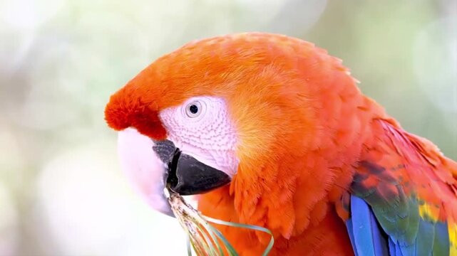 Close Up Portrait of Scarlet Macaw Chewing Grass