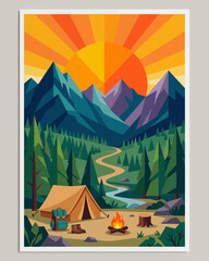 Fototapeta premium Retro geometric camping poster with tent campfire winding river and mountain sunrise