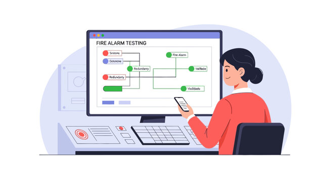 Woman Using Smartphone Near Computer Monitoring Fire Alarm System Dashboard