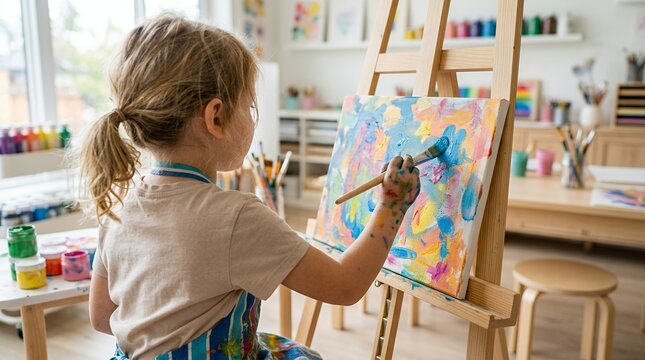 Young girl painting on an easel in an art class.