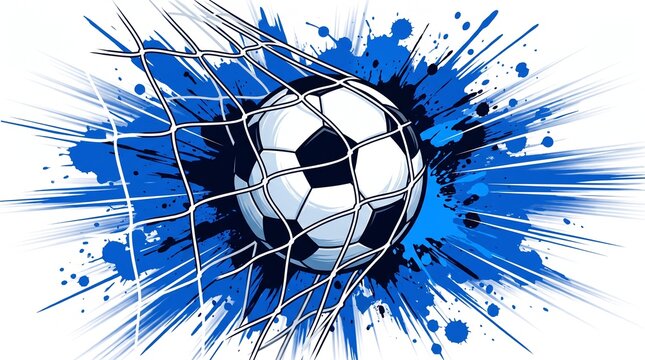 Blue paint splatter futsal background with soccer ball hitting goal net