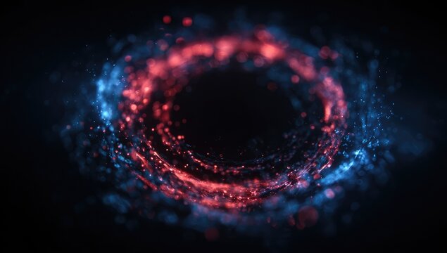 An abstract image featuring a glowing vortex of red and blue particles. They swirl around a central dark void against a black background