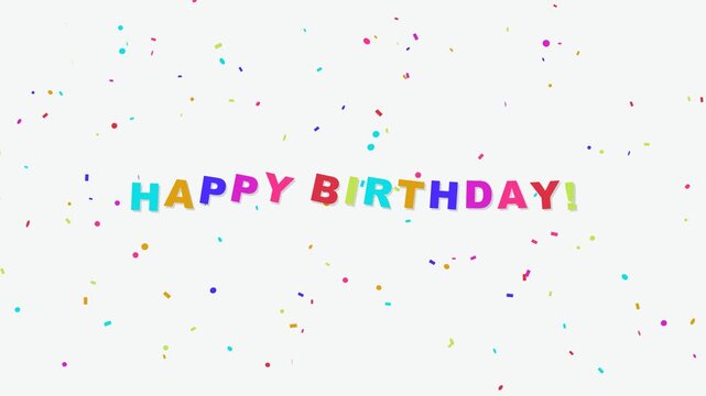 Happy birthday text with colorful letters and falling confetti animation