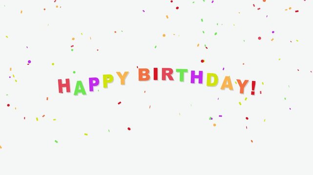 Happy birthday text with colorful letters and falling confetti animation