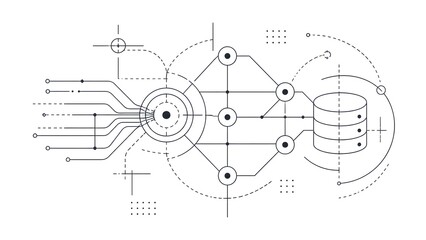 Obraz premium Minimalist Database Network Architecture Line Art Vector Illustration with Data Flow, Server Connectivity, Digital Infrastructure, Cloud Storage and Technology Diagram