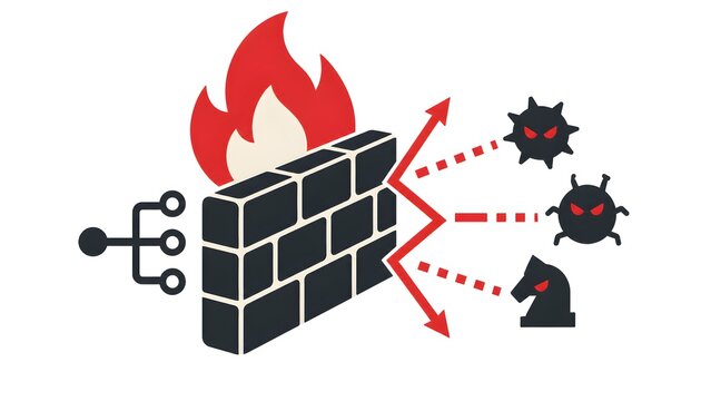 Cybersecurity Firewall Protection Against Malware, Virus and Hacker Attacks with Network Security Shield Vector Illustration