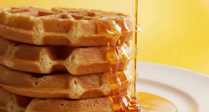 Pouring fresh maple syrup on a stack of delicious golden waffles