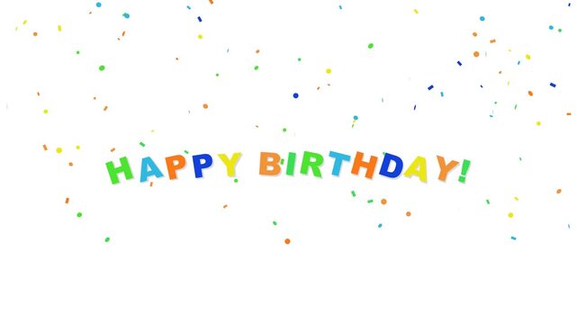 Happy birthday colorful text animation with falling confetti on white
