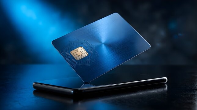 Blue metallic credit card hovering above a modern smartphone screen
