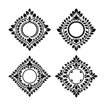 Four elegant black leaf framed emblems with circular empty spaces perfect for custom monograms or logos