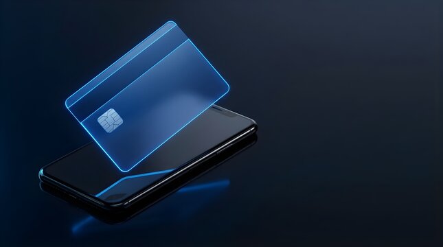 Glowing digital credit card hovering above smartphone for online payment