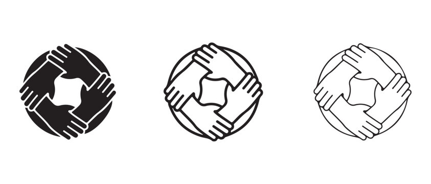 Hands holding a star in a circle icon set in black and white for teamwork and support concept
