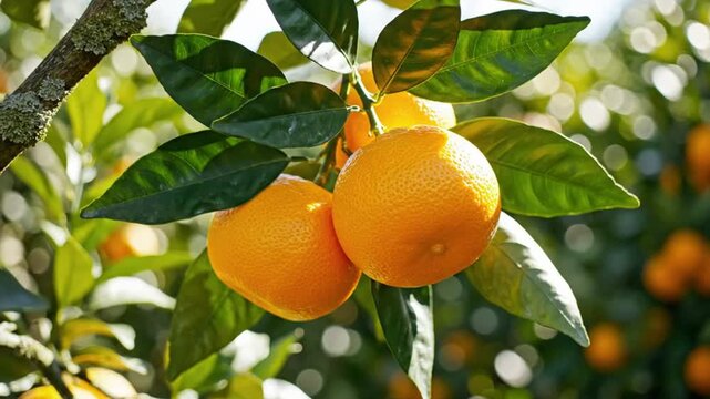 Ripe oranges hanging on tree branch with lush green leaves in a sunny orchard during harvest season