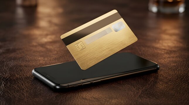 Gold credit card hovering over a smartphone for digital payment transaction
