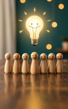 Smiling wooden figures gaze up at a glowing, happy light bulb above them.
