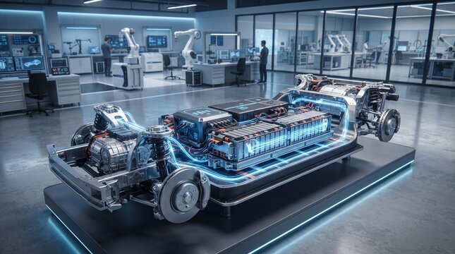 Advanced lithium battery module integrated into a futuristic electric vehicle platform with glowing blue energy lines, clean engineering environment, and high-tech innovation concept.