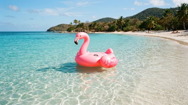 Pink flamingo inflatable pool float on turquoise tropical ocean water near white sandy beach and lush green hills on a sunny day