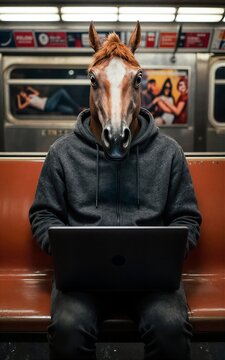 Horse-headed person uses laptop on subway, blending surrealism with urban commute.
