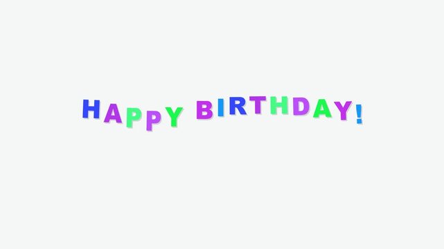 Happy birthday text animation with colorful letters on a white background