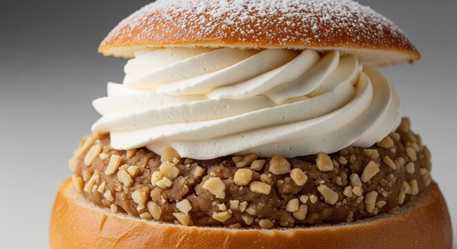 Semla bun filled with whipped cream and almond paste on gray background