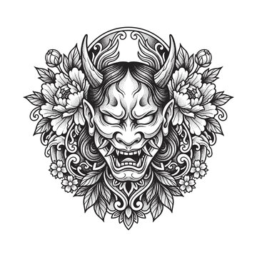 Highly detailed Japanese oni mask framed by blooming peony flowers, ornamental leaves, and swirling motifs, rendered in refined black line art for tattoo, coloring book, and vector artwork